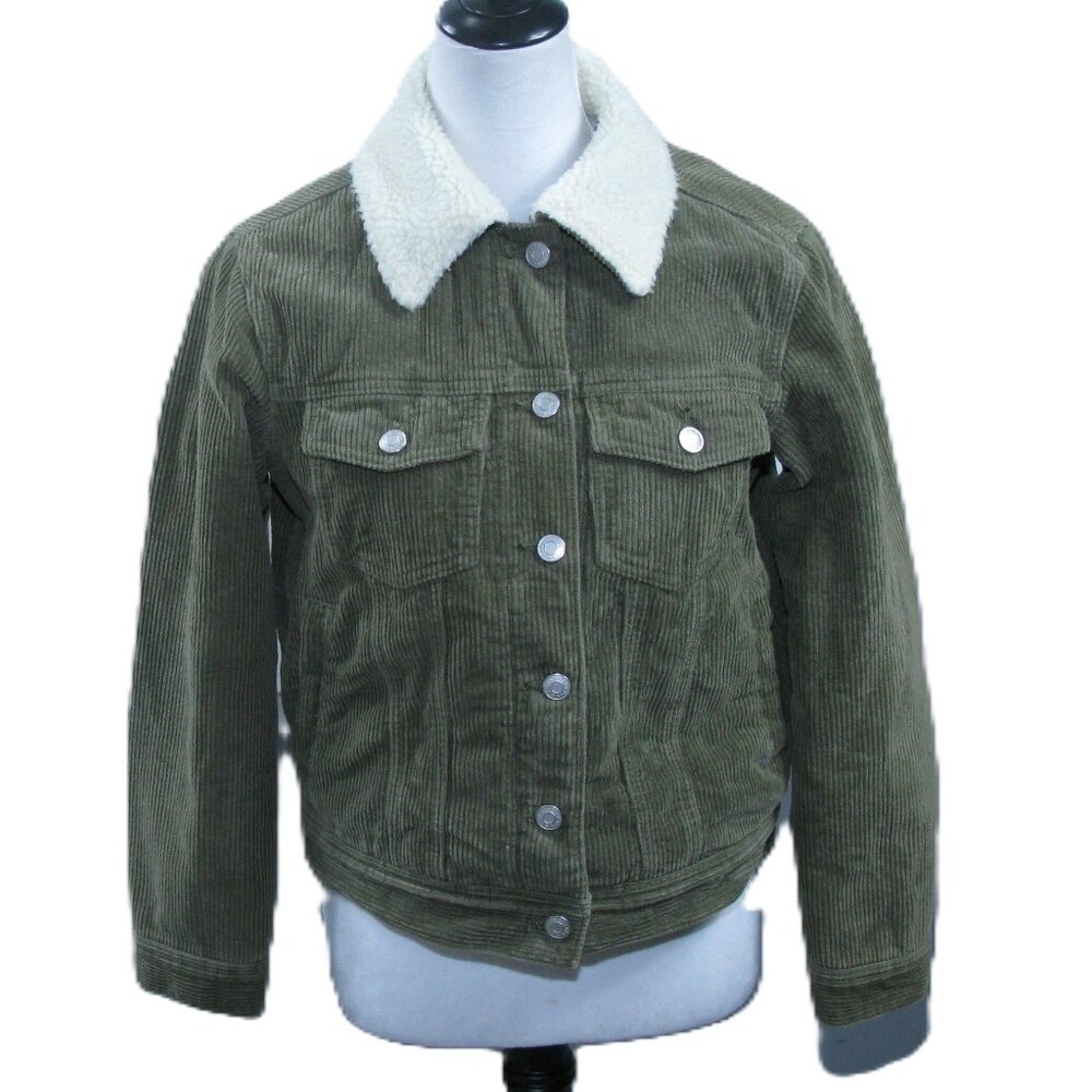 PacSun Army Green Corduroy Sherpa Lined Trucker Jacket Faux Fur Oversized Small
